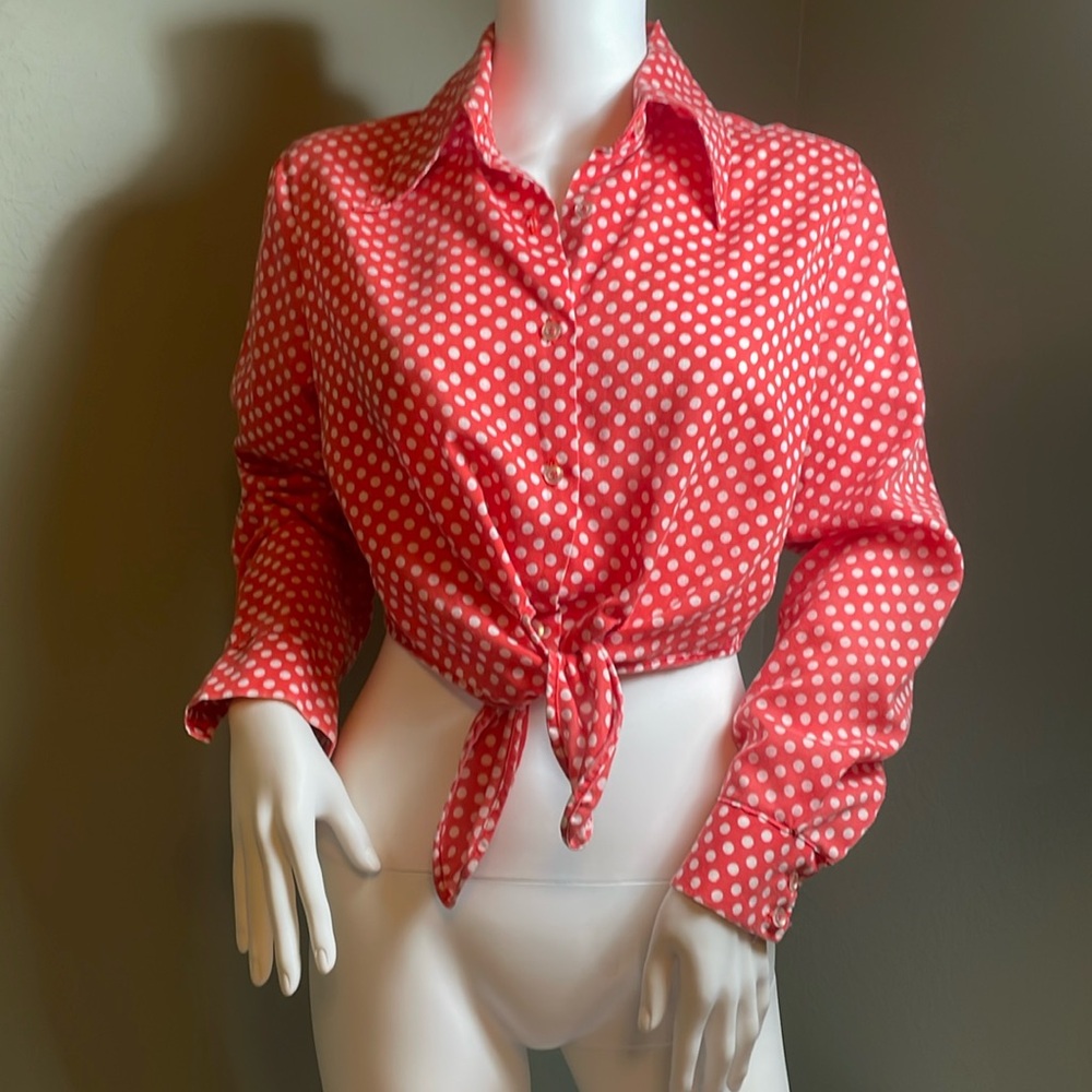 Vintage, made in USA white and red polkadot tie front top.